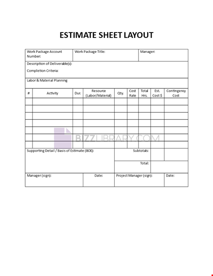 estimate sheet layout template