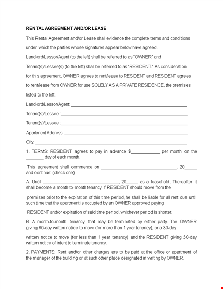 rental application template - agreement for owner and resident | premises template