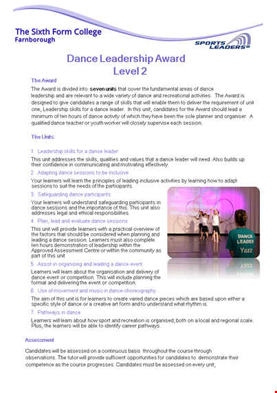 sample dance leadership award: enhance skills and empower learners through dance template
