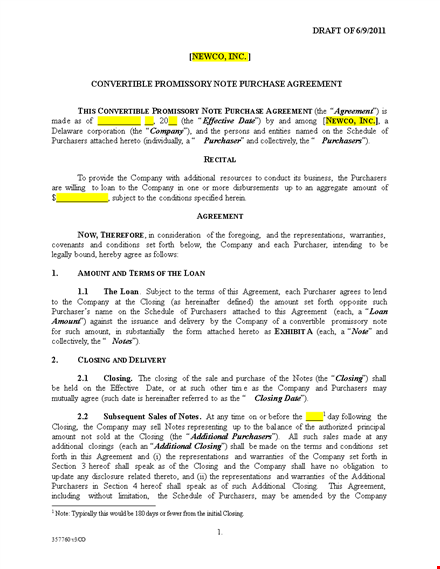 convertible promissory note purchase agreement form template