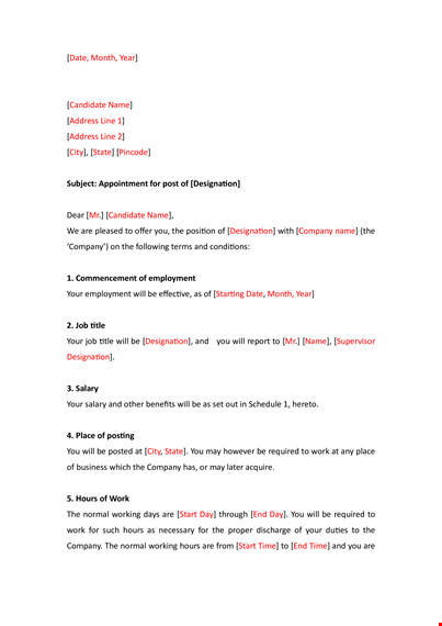 company appointment letter format - salary, employment, information template