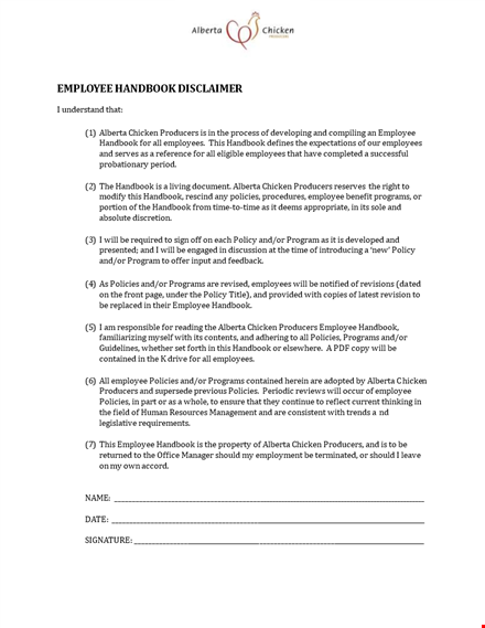 employee handbook disclaimer sample template