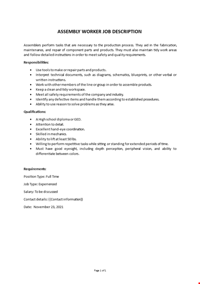 assembly worker job description  template
