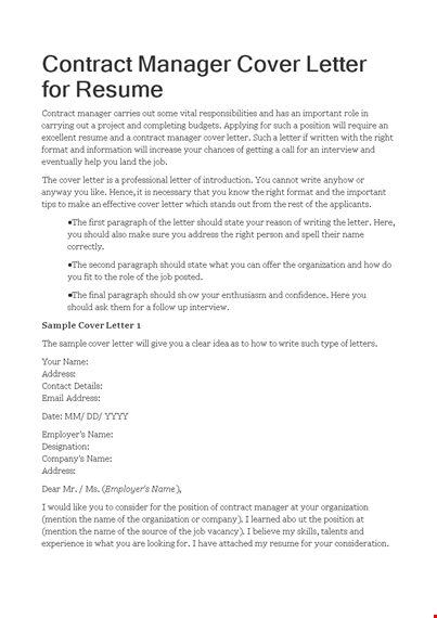 contract manager cover letter for resume template