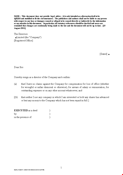 free employment directors resignation letter template