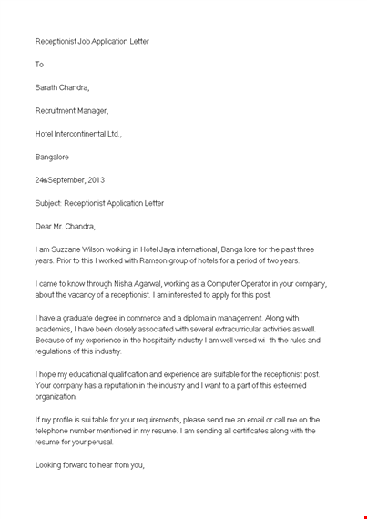 receptionist job application letter template