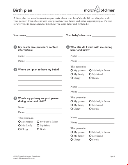 printable birth plan template template