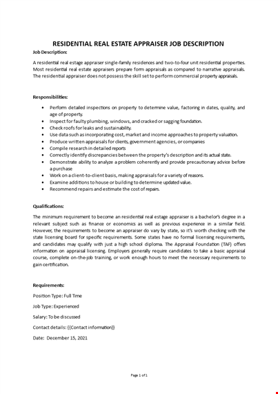 residential real estate appraiser job description  template