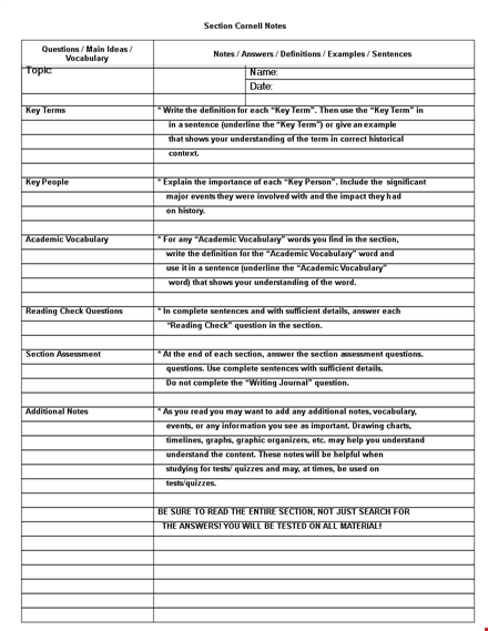 section cornell notes template word doc template