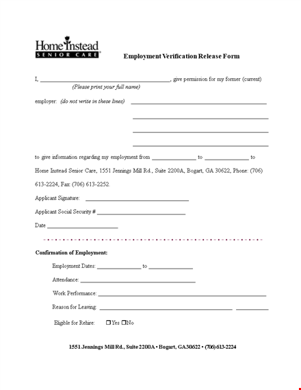 employment verification release form template | verify senior employment instead template