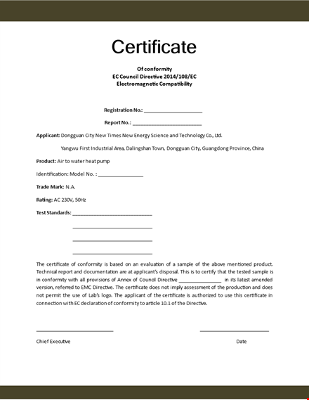 certificate of conformance | ensure product conformity | applicant template
