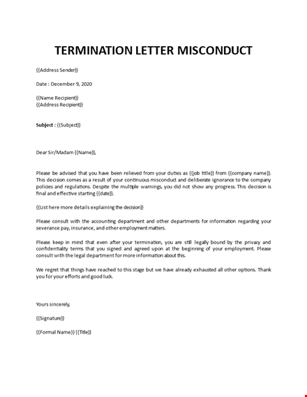 termination letter misconduct template