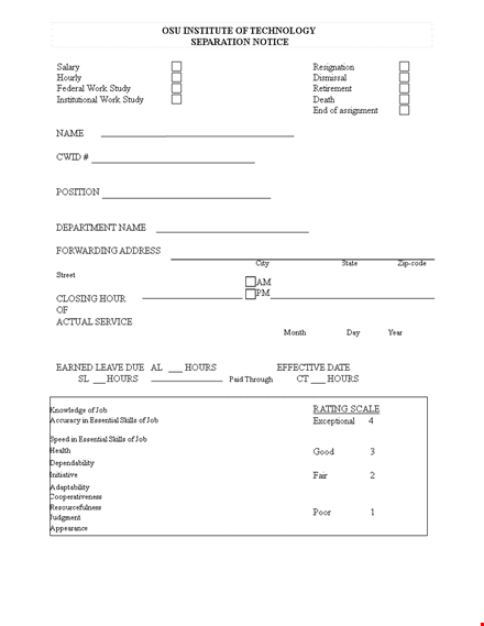 printable work separation notice | essential skills, department, and hours template