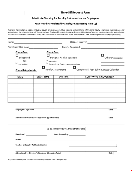 time off request form template template