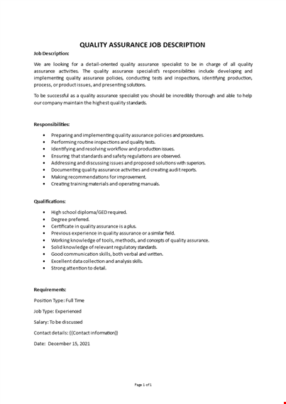 quality assurance job description template