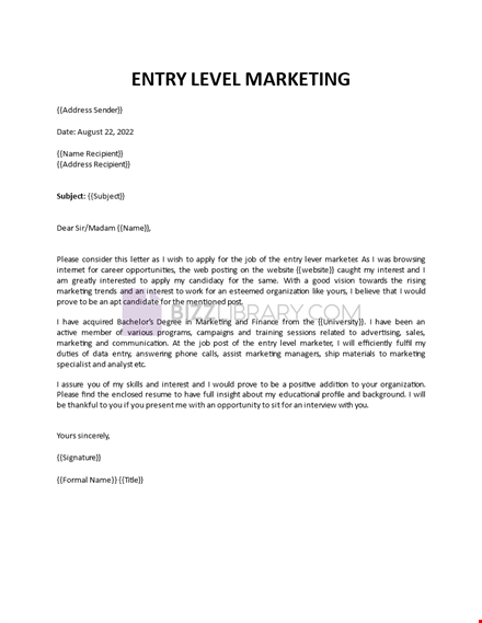entry level marketing cover letter template template