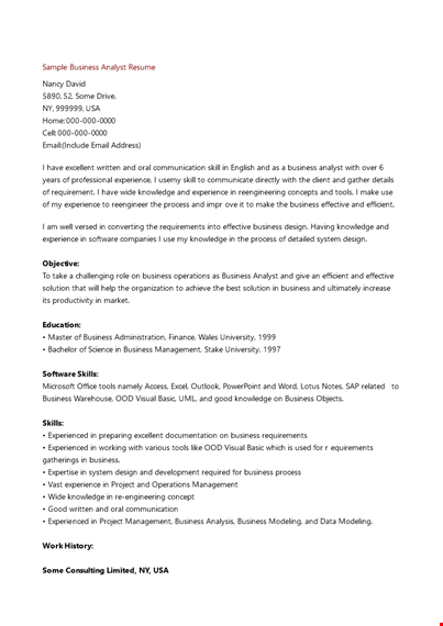 sample business analyst resume template