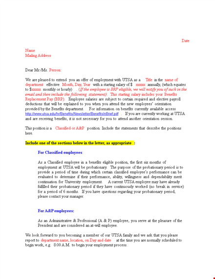 employment offer letter with benefits | company name template