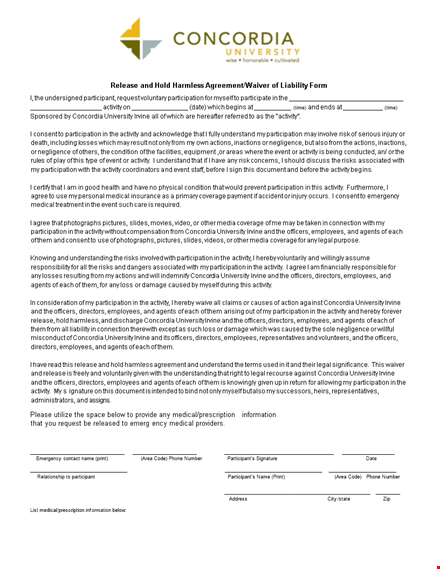 hold harmless agreement template for university activity participation | concordia irvine template