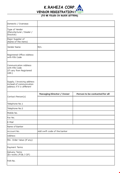 printable vendor registration form template template