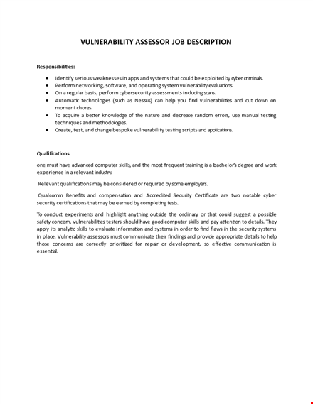 vulnerability assessor job  description template