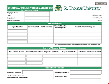 request overtime leave authorization form template