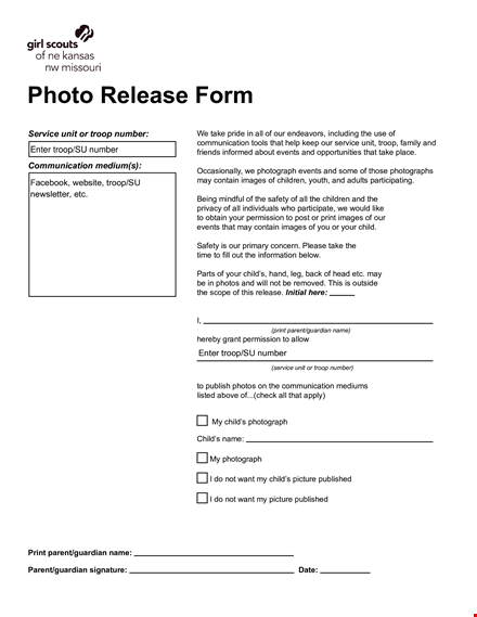 get your child's photos with our photo release form service | troop {number} template