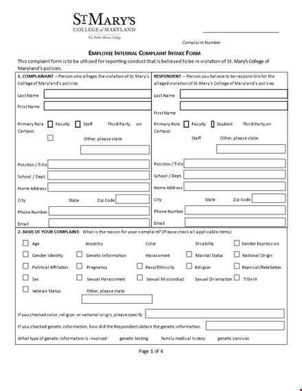 file an employee internal complaint: college complaints, violations & beliefs template