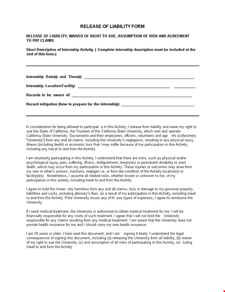 internship release of liability form template template