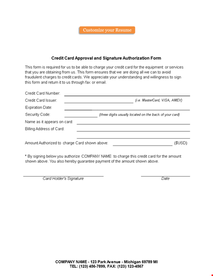 credit card authorization form template - authorize credit card payments quickly template