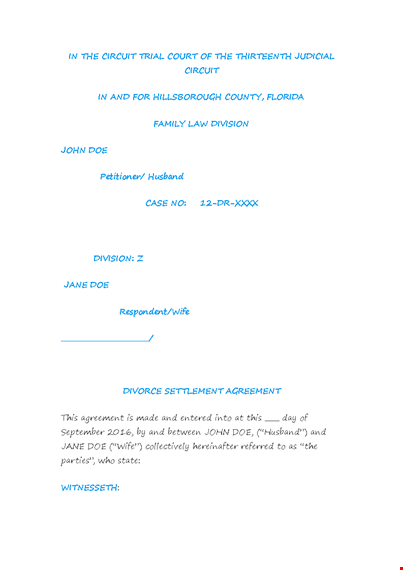 divorce agreement for parties: husband and wife - shall enter into an agreement template