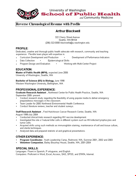 washington research public health - chronological resume with profile template
