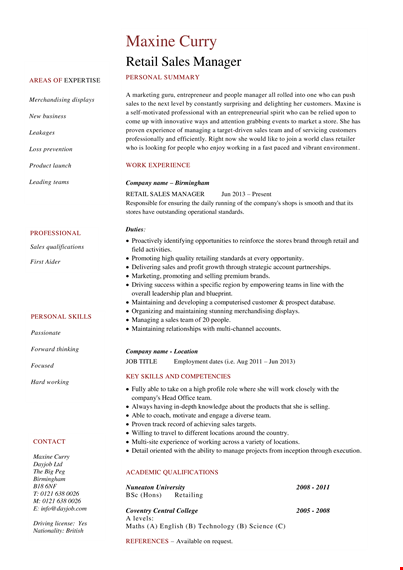 retail sales manager resume template