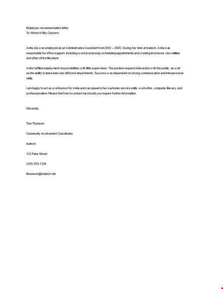 job recommendation letter for employee template