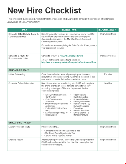 complete your new hire checklist at emory | all steps covered template