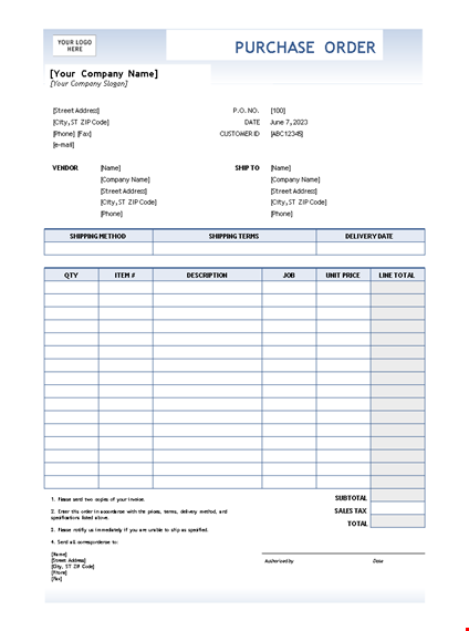 create a customized purchase order | easy and efficient | our address included template