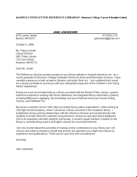 experienced reference librarian cover letter - public library template