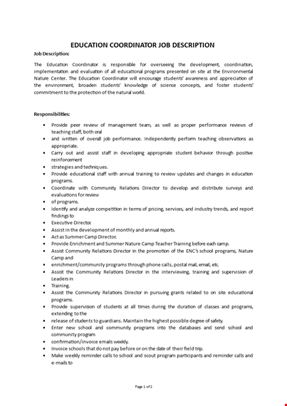 education coordinator job description template