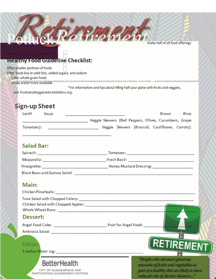 retirement potluck signup sheet - organize a memorable farewell celebration template