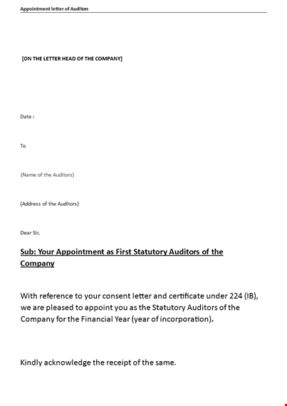 appointment letter of auditors for {company name} template
