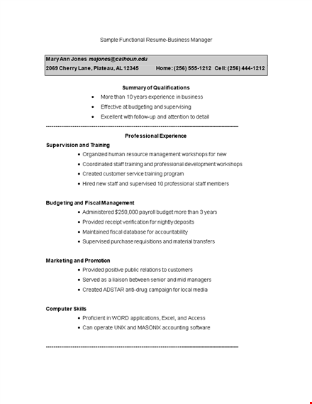 sample functional resume business manager template