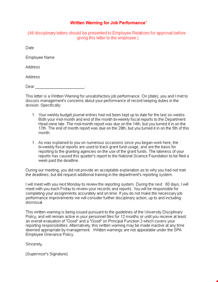 warning letter of unsatisfactory job performance toeoufvpq template