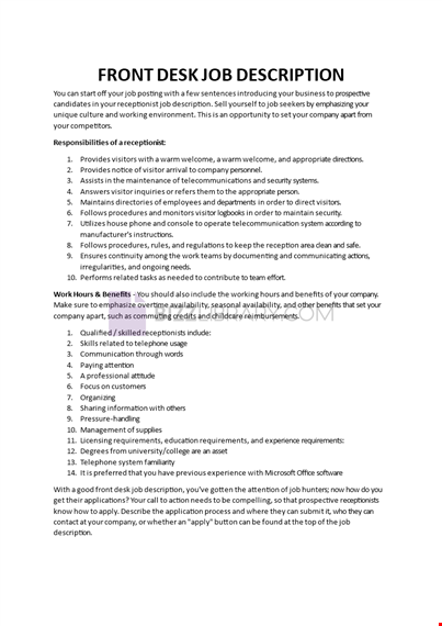 front desk job description template