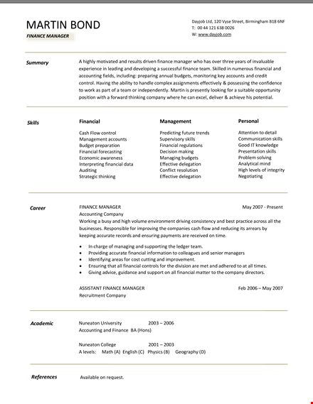 finance manager resume template