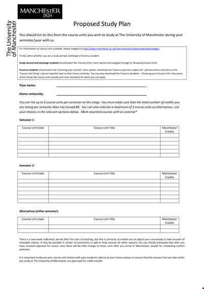 proposed study in manchester: course, units, and semester details template