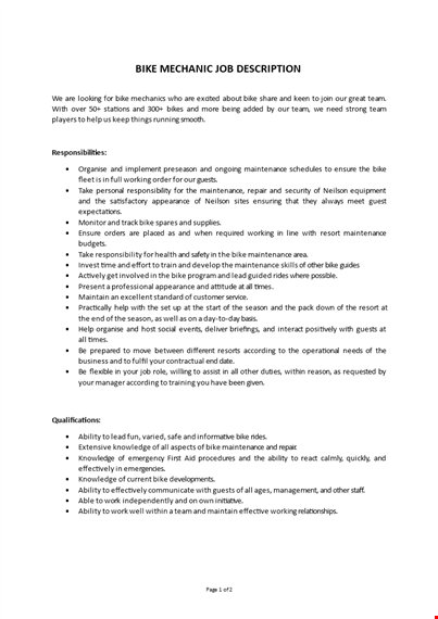 bike mechanic job description template