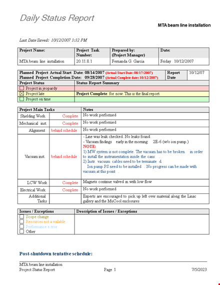 daily status report template template
