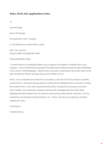 sales clerk job application in london | effective letter template | winget template