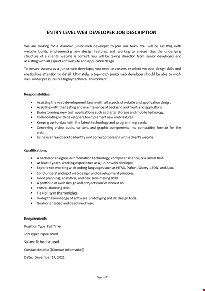 web developer fresher job description template