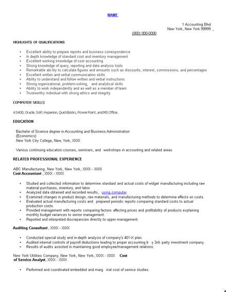 professional cost accountant resume template | expertise in accounting template